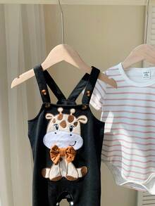 長頸鹿刺繡工褲和條紋連身衣可愛、舒適、優雅、街頭風格、時尚的嬰兒男孩短袖t恤和短褲套裝 - 彩色 - 查看 4