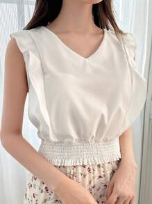FRIFUL Versatile Simple Daily Cropped Cap Sleeve Shirt,Ruffle