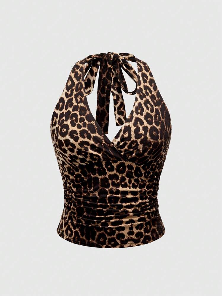 ROMWE Grunge Punk Parte superior con estampado de leopardo y cuello de halter para mujer, escuela
