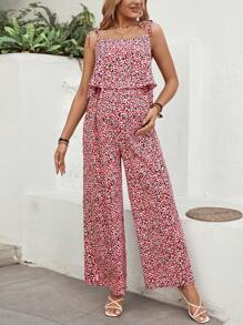 SHEIN Maternity Random Printed Strap Jumpsuit - Red - View 4