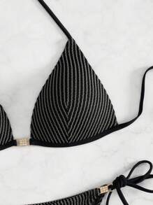 SHEIN Swim Women Beach Vacation Color-Block Striped Swimwear Set Summer - Grey - View 7