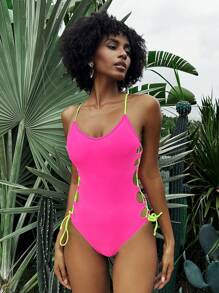 SHEIN Swim Women Color Block One-Piece Swimsuit With Side Ties, Perfect For Beach And Holiday Summer