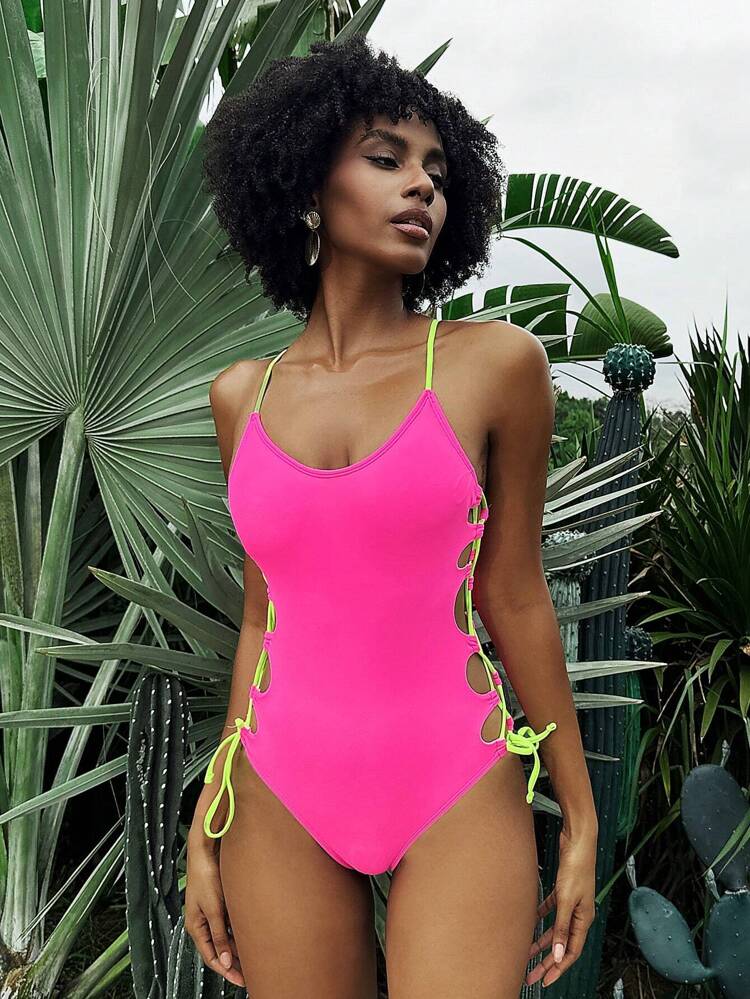 Women Color Block One-Piece Swimsuit With Side Ties, Perfect For Beach And Holiday Summer