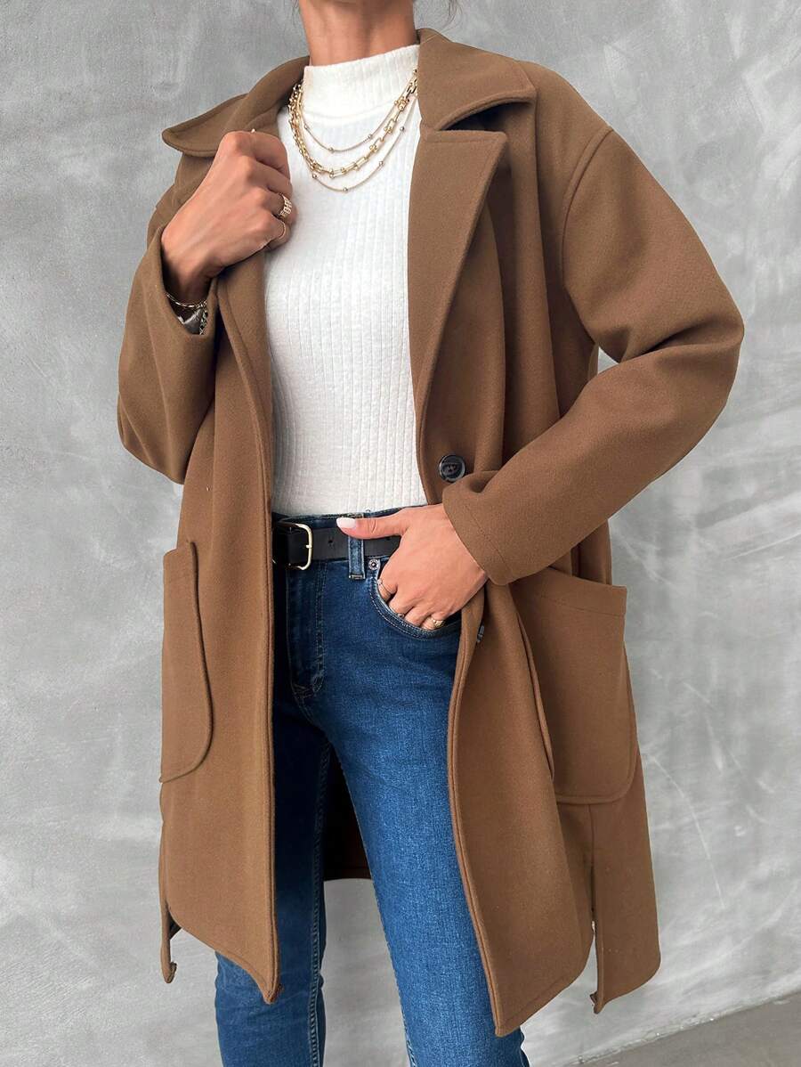 EURMUSE 女士时尚休闲单排扣大衣，冬季 - 咖啡棕 - 查看 1