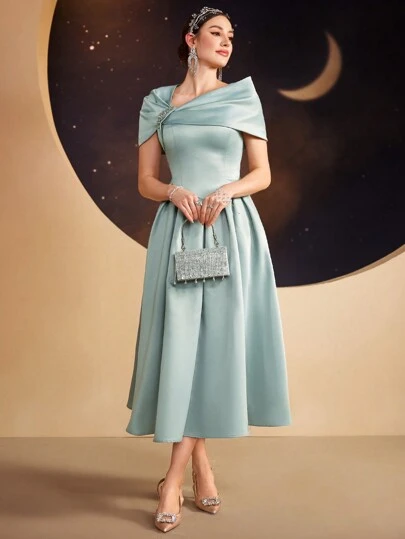 Modelyn Vestido de fiesta elegante de unicolor con escote asimétrico y adorno de strass, vestidos de noche largos para fiestas