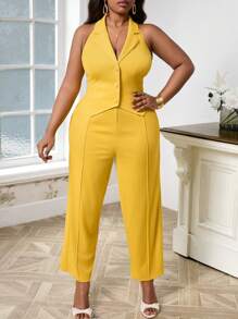 SHEIN Lady Plus Size Yellow Sleeveless Vest Suit With Single-Breasted Button And Pocket - Yellow - View 3