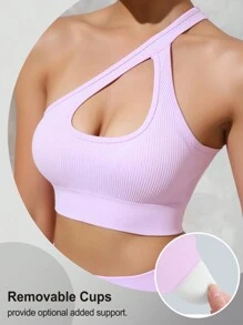 SHEIN Sport Studio Summer Solid Color Rib-Knit Hollow Out One-Shoulder Top And Wide Waist Short Shorts Seamless Slim Fit Sportswear Set