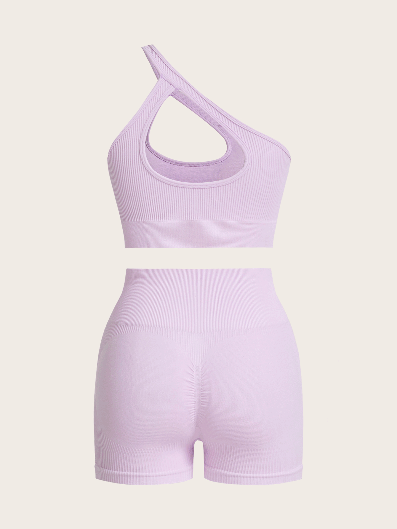 SHEIN Sport Studio Summer Solid Color Rib-Knit Hollow Out One-Shoulder Top And Wide Waist Short Shorts Seamless Slim Fit Sportswear Set