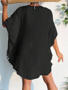 SHEIN Swim Women Fashionable Solid Color Fringe Hem Short Sleeve Hollow Out Cover-Up,Summer Beach