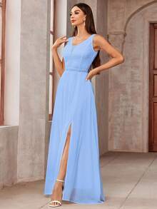 深 V 领蕾丝紧身胸衣无袖雪纺开叉大腿正式派对长裙，优雅正式舞会婚礼宾客礼服，适合毕业典礼、晚宴晚礼服