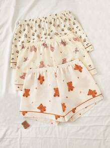 3pcs Bubble Wrinkle Cartoon Printed Sleeping Pajama Shorts - Beige - View 2