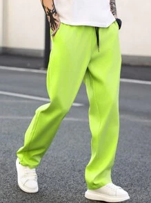 Manfinity EMRG Pantalones casuales rectos de pierna recta para hombres con cintura ajustable con cordón en color verde fluorescente para uso diario
