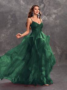 YISIKADO Vestido de fiesta con tirantes de espagueti, de varios niveles, con bajo asimétrico, para boda, dama de honor, banquete, graduación, baile de promoción y sesión de fotos, con lentejuelas - Verde Oscuro - Ver 5