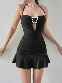 1pc Fashionable Casual Women's Pleated Halter Neck Belted Dress - Black - View 1