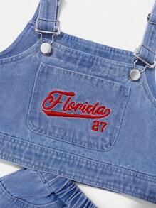 Tween Girl Street Cool Light Wash Slogan Embroidery Detail Crop Denim Cami Top & Elastic Waist Denim Skirt Set - Light Wash - View 4
