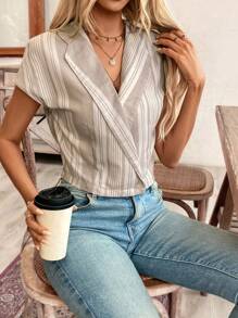 SHEIN Frenchy Exquisite Linen Texture Short Striped Shirt With Excellent Minimalist Shap Color Block Turn-Down Collar, Summer Vacation Season, Summer Clothes, Comfy, Boho, Mom, Beach Women Outfits, Swimsuit Cover Up, Elegant Teacher