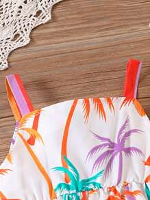 Baby Girl Lovely Colorful Fun Coconut Tree Printed Spaghetti Strap Dress For Summer Vacation - Multicolor - View 3