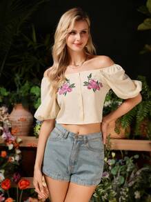 Aveloria French Elegant Embroidered Blouse With Square Neckline And Puff Sleeves