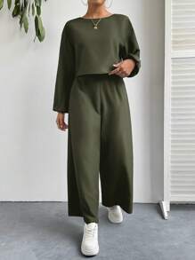 SHEIN Essnce Conjunto casual de 2 piezas con top de manga larga y pantalones de color liso para mujer
