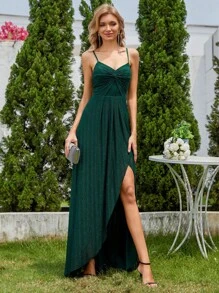 EVERPRETTY Elegant Women Spaghetti Strap Asymmetric High Slit Thigh-Length Dress