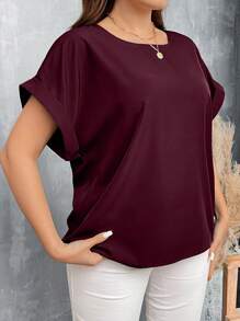 SHEIN LUNE Plus Size Nữ Mùa Hè Màu Trơn Cổ Tròn Tay Ngắn Cánh Dơi Áo Sơ Mi Form Rộng - Màu Đỏ Sâu - Xem 4