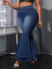 SHEIN ג'ינס ג'ינס אקסטרה פלוס סייז ארוך במיוחד כפול שכבה מכנסיים מתרחבים - כהה שטוף - ראה 1