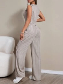 Chiquease Women Summer Striped Single-Breasted Suit Vest And Pants Loose Casual Daily Workwear Set