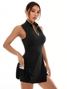 SHEIN Sports فستان رياضي قطعة واحدة بدون أكمام للنساء لاستخدام اليومي والحياة اليومية - الأسود - مشاهدة 4