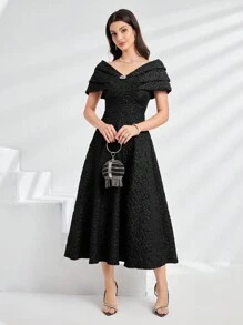 Modelyn 女士时尚公主风格优雅 A 字裙配腰带长款晚礼服 - 黑色 - 查看 7