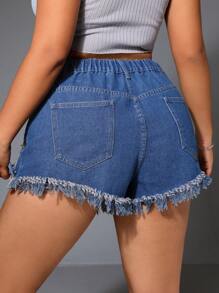 SHEIN ICON Plus Size Sexy Summer Denim Shorts With Distressed Details And Frayed Hem - Blue - View 2