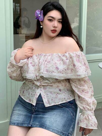 Dazy Plus 大码休闲拼接小花蕾丝荷叶边露肩上衣，适合春夏秋季穿着，长袖花卉图案