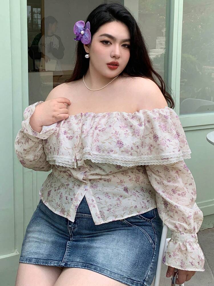 Dazy Plus Top Casual Plus Size com Remendos, Pequenas Flores, Renda, Babado na Barra, Ombros de Fora para Primavera/Verão, Outono, Roupas Femininas, Manga Longa, Floral Boho