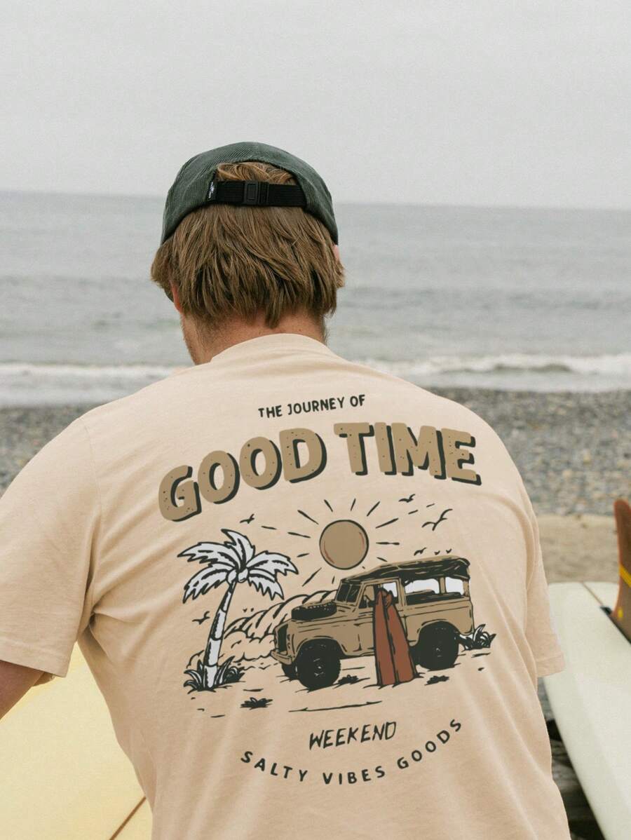 Men's Casual Round Neck Short Sleeve T-Shirt With Slogan & Palm Tree Print, For Summer