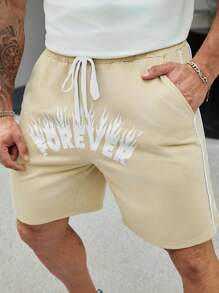 Manfinity Homme 男士夏季時尚寬鬆圖案短褲，大尺碼 - 卡其色 - 查看 2