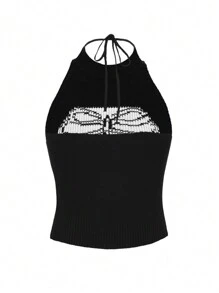 LineHome Artist Women Knitted Heart And Skull Pattern Halter Top, For Summer, Holiday, Vacation, Going Out, Festival, Ibiza Fits