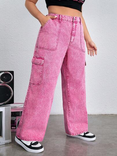 Slaydiva Plus-Size Women's Pink Cotton Cargo Jeans, Casual Loose Straight-Leg Jeans, New Year's Clothing, Christmas.