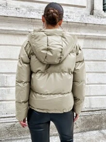 EURMUSE Drawstring Hem Hooded Puffer Coat - Beige - View 2