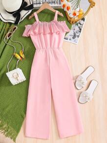 Tween Girl Solid Color Ruffle Trim Jumpsuit With Spaghetti Straps For Summer Vacation, Wide Leg Design - Baby Pink - View 1