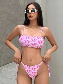 DAZY 2pcs Pink Letter Print Bikini Set With Side Tie Bottom For Summer Beach Vacation,Tankini Bathing Suit - Pink - View 1