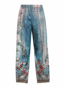 EMERY ROSE Plus Size Elegant Everyday Pants With Floral Print Fall Cloth For Women - Blue - View 2