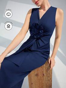Modelyn Women's Summer Elegant Sleeveless V-Neck Dress With 3d Flower Decoration And Pleated Design, Semi Formal Dress