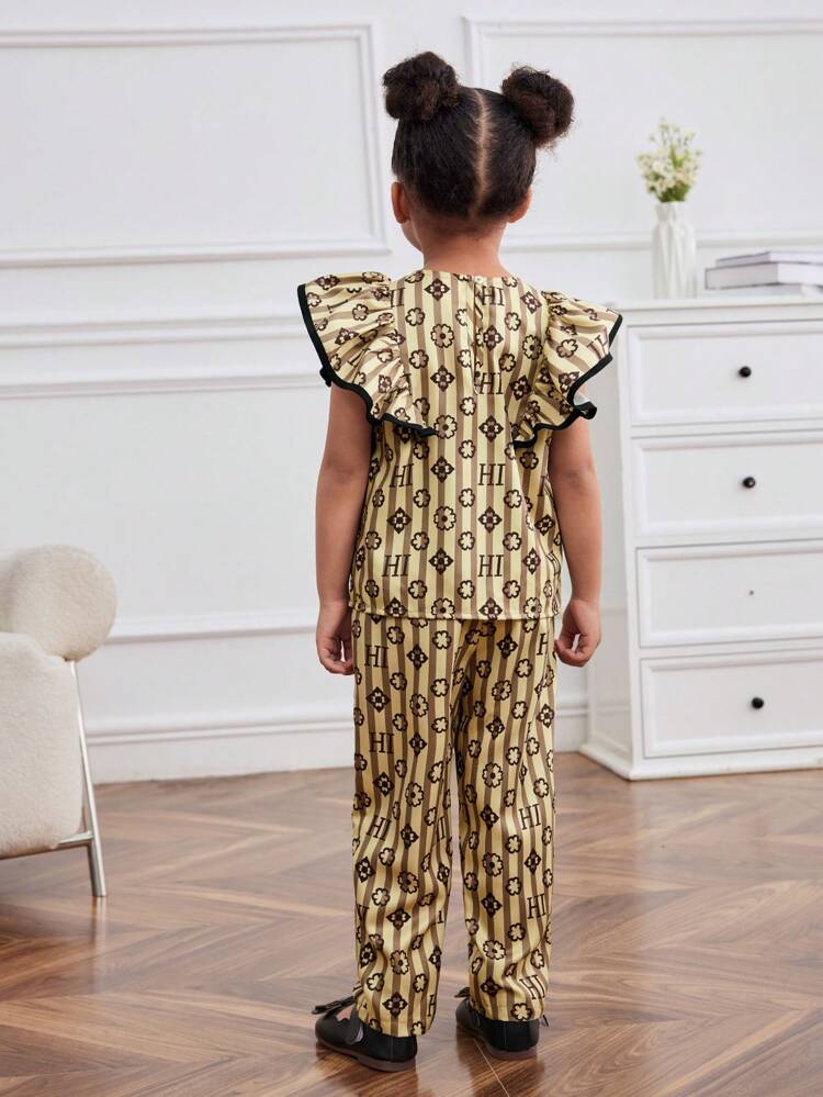 Young Girl Striped Ditsy Floral Round Neck Blouse With Ruffled Hem And Straight Pants Two Pieces Set