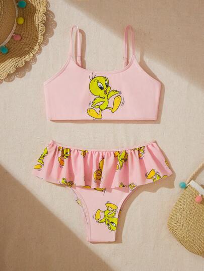 LOONEY TUNES X SHEIN Ensemble de bikini à volants avec imprimé dessin animé pour jeune fille, tricot, casual, pour l été et la plage