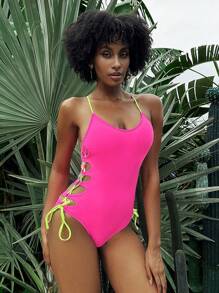 SHEIN Swim Women Color Block One-Piece Swimsuit With Side Ties, Perfect For Beach And Holiday Summer