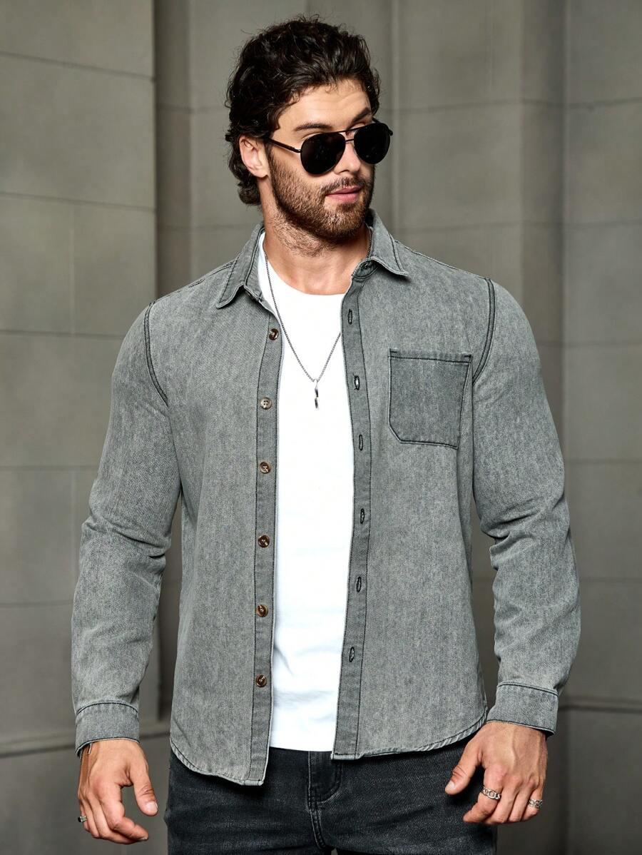 Manfinity Homme Men Light Grey Denim Casual Shirt