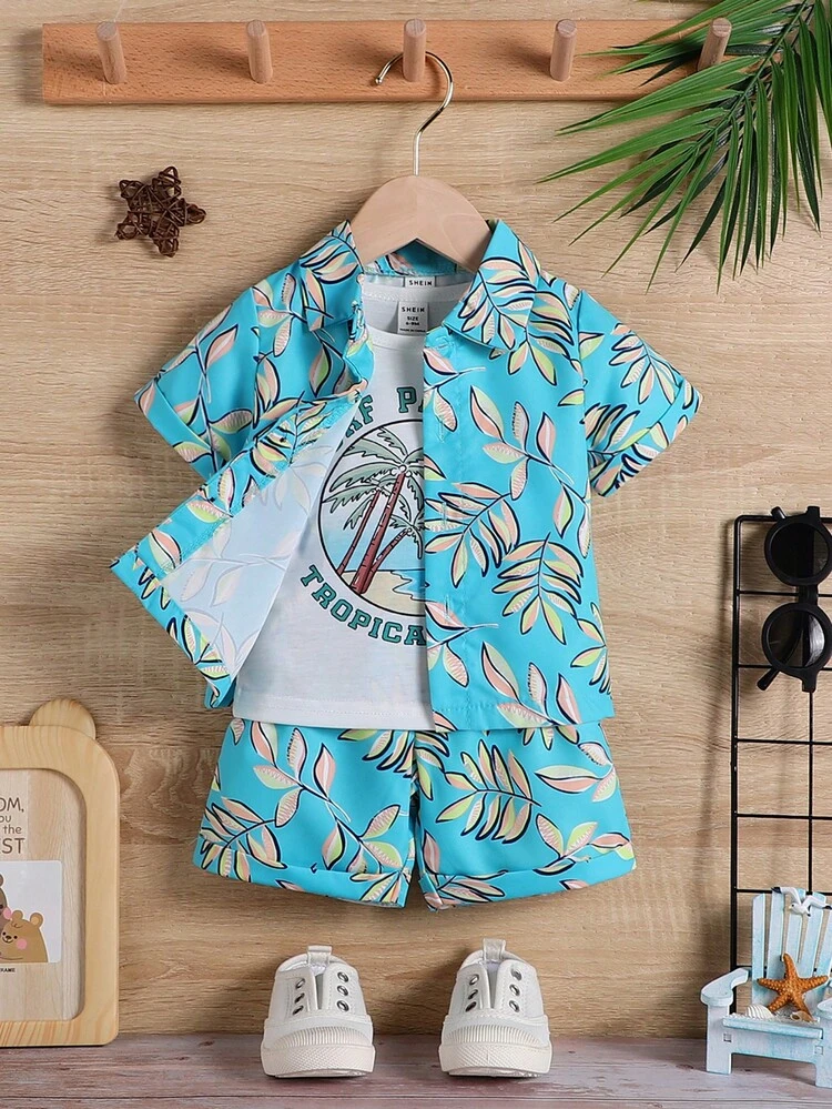 New Summer White Vest, Holiday Style Printed Shirt And Shorts 3pcs Outfit For Baby Boys