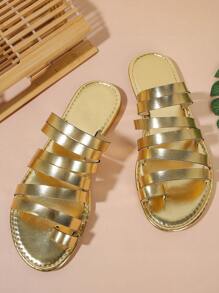 女士平底凉鞋，趾环编织带一脚蹬拖鞋，休闲沙滩凉鞋