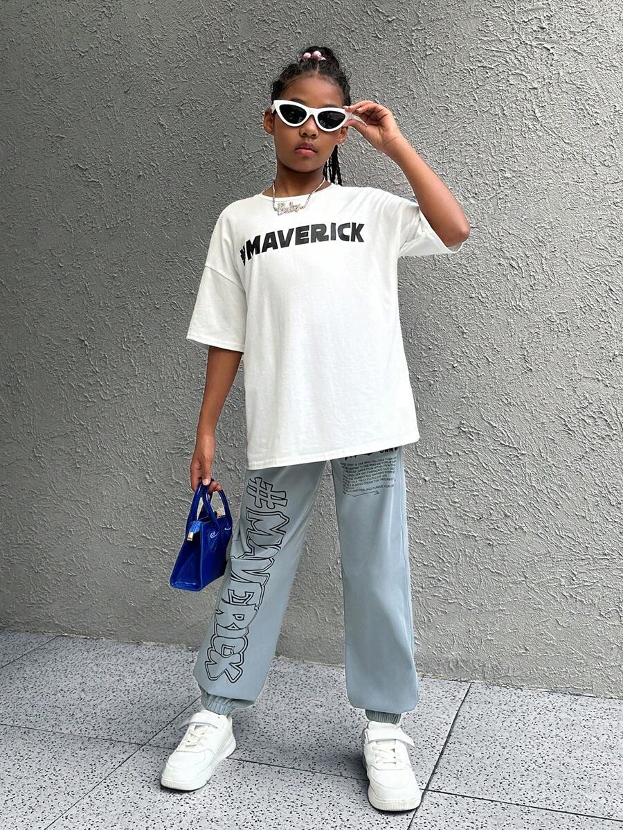 SHEIN Tween Girl 宽松圆领短袖字母 T 恤配松紧腰带裤子休闲两件套 - 淺藍色 - 查看 1