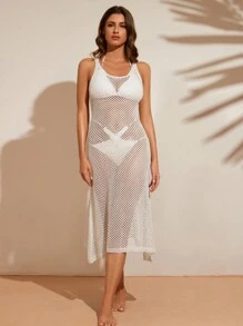 Vestido de verão feminino vazado sem mangas, vestido sexy transparente para férias na praia