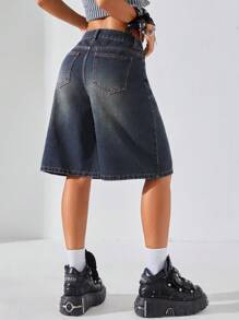 Coolane Wide Leg 5/4 Length Jeans For Summer, Vintage Wash Ripped Straight Denim Shorts - Dark Wash - View 3